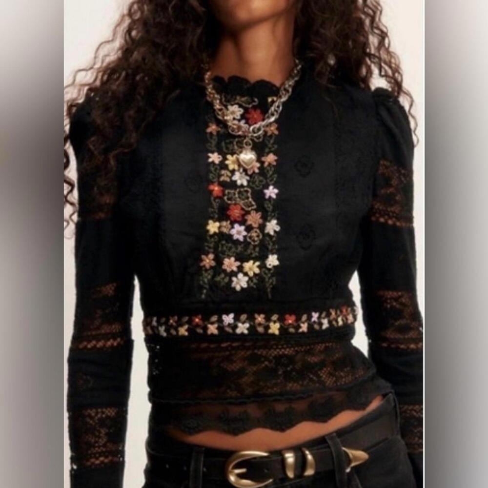 $ 198 Free People Garden Grace  Black Floral Embroidered Lace Top SIZE S #1248